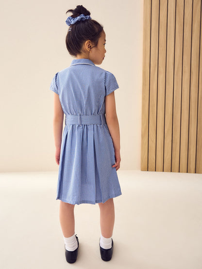 Mid Blue Gingham Cotton Rich Belted School Dress with Scrunchie (3-14yrs) image 4