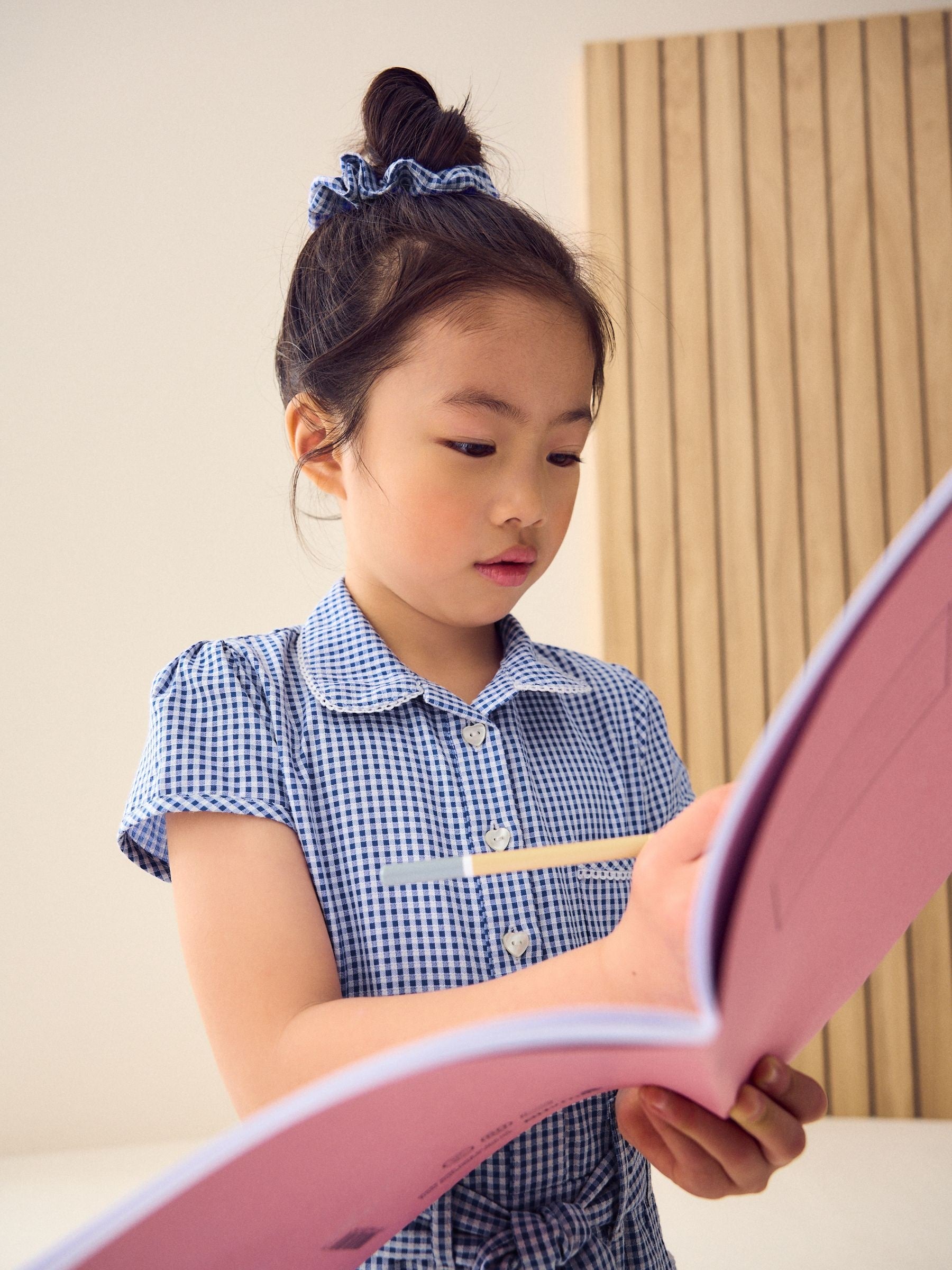 Mid Blue Gingham Cotton Rich Belted School Dress with Scrunchie (3-14yrs) image 5