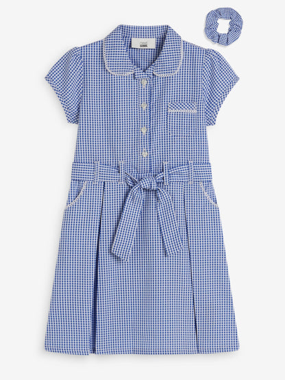 Mid Blue Gingham Cotton Rich Belted School Dress with Scrunchie (3-14yrs) image 6