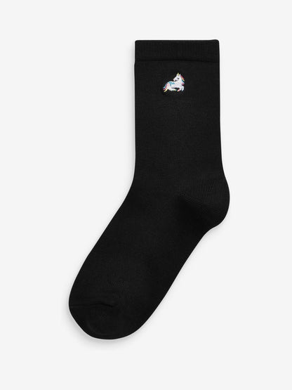 Black 5 Pack Unicorn Embroidered Ankle Socks image 2