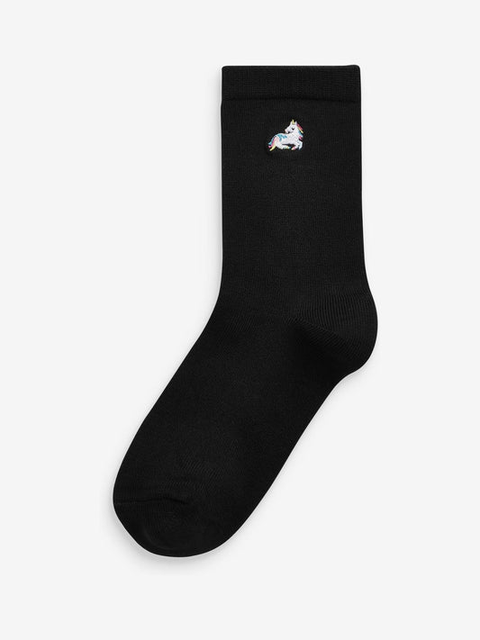 Black 5 Pack Unicorn Embroidered Ankle Socks image 2