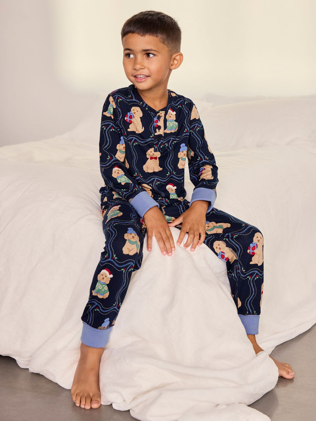 Chelsea Peers Blue Kids Christmas Chip the Cockapoo Portraits Print Long Pyjamas Set - image 1