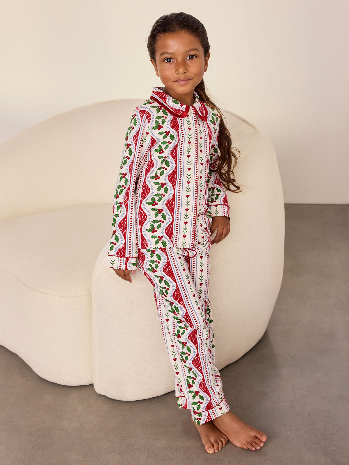 Chelsea Peers Red Kids Cotton Garland Holly Stripe Print Long Pyjamas Set - image 1