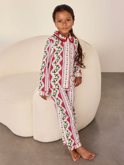 Chelsea Peers Red Kids Cotton Garland Holly Stripe Print Long Pyjamas Set - image 1