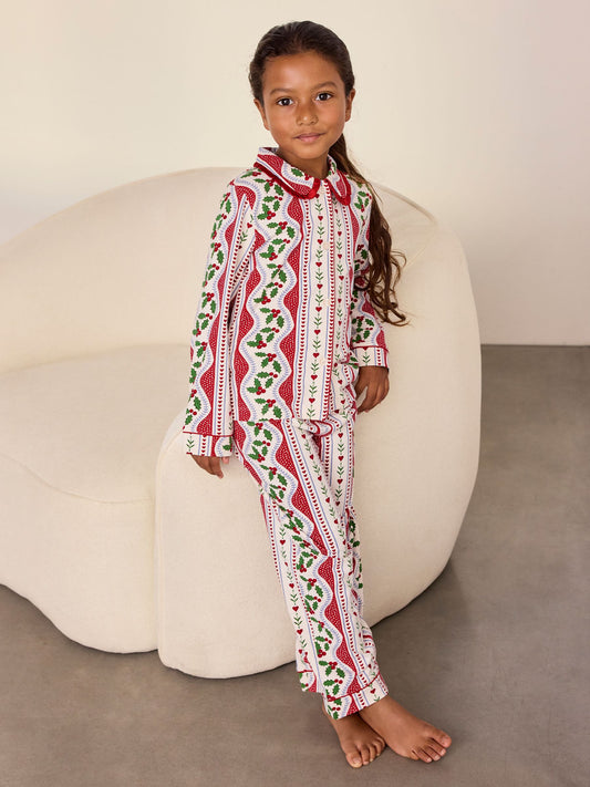 Chelsea Peers Red Kids Cotton Garland Holly Stripe Print Long Pyjamas Set - image 1