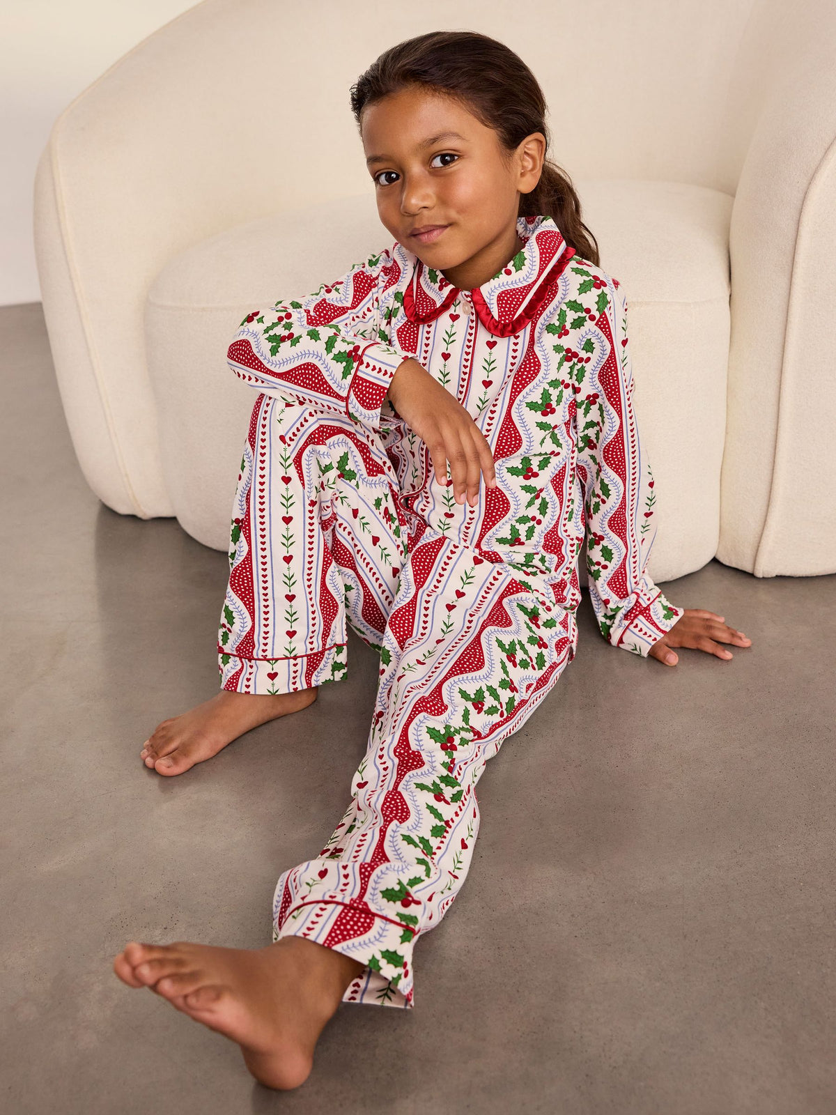 Chelsea Peers Red Kids Cotton Garland Holly Stripe Print Long Pyjamas Set - image 2