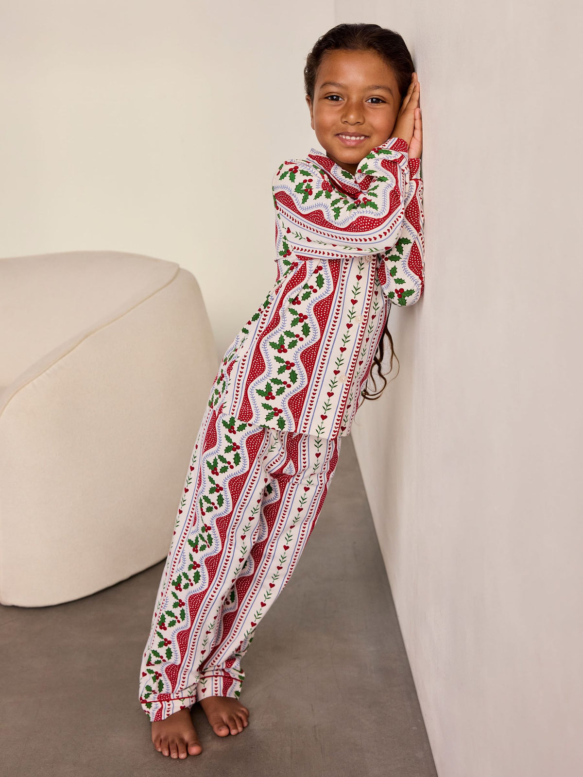 Chelsea Peers Red Kids Cotton Garland Holly Stripe Print Long Pyjamas Set - image 3