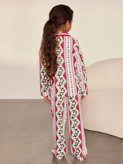 Chelsea Peers Red Kids Cotton Garland Holly Stripe Print Long Pyjamas Set - image 4