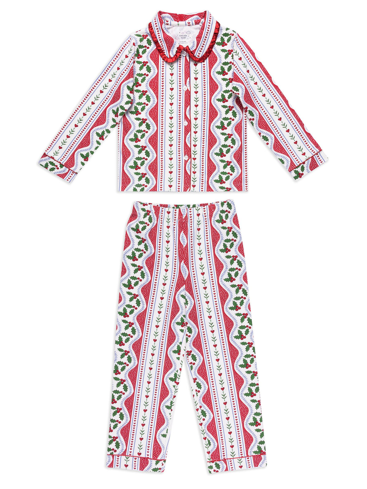 Chelsea Peers Red Kids Cotton Garland Holly Stripe Print Long Pyjamas Set - image 7