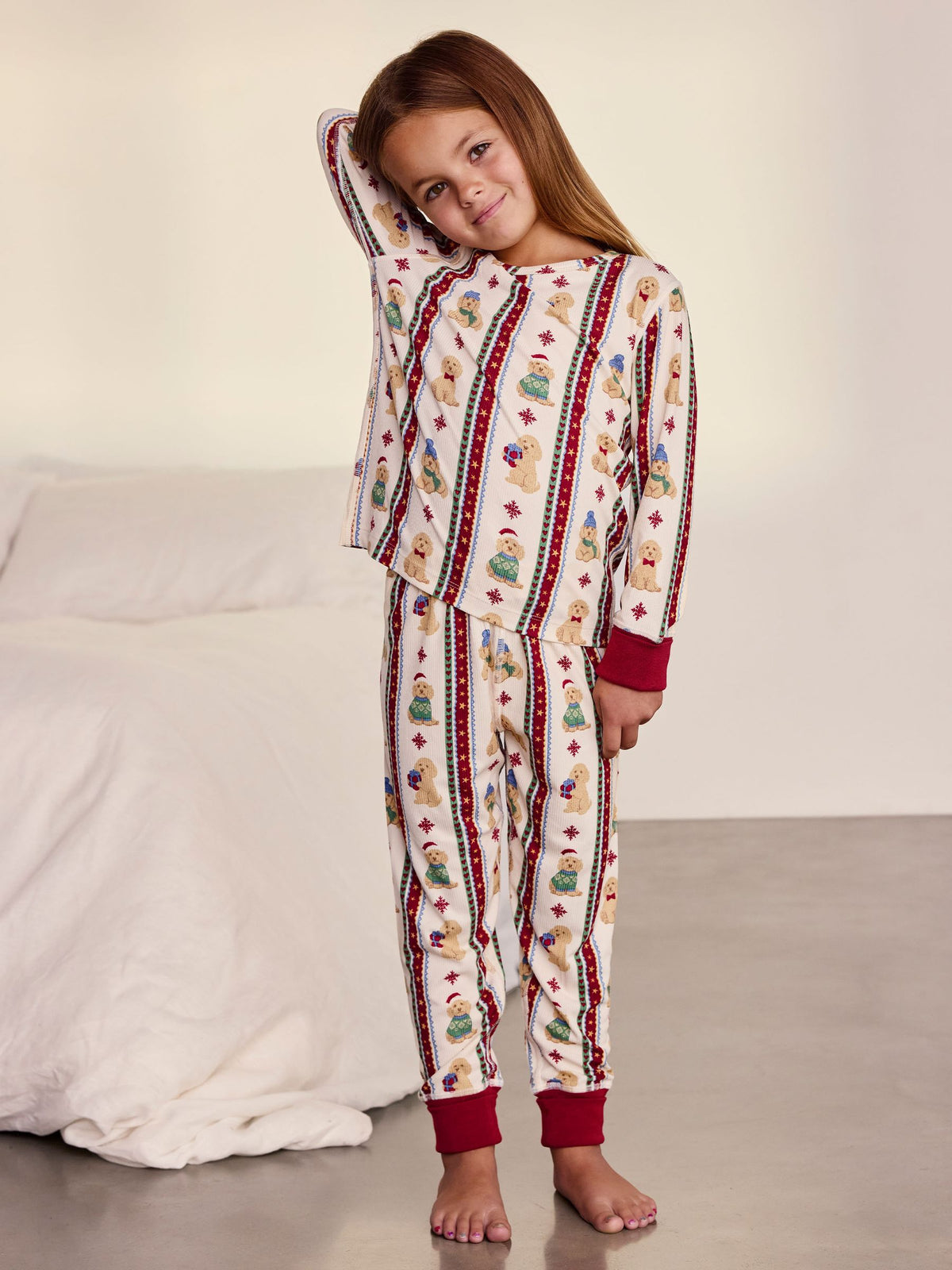 Chelsea Peers Natural Kids Christmas Chip the Cockapoo Stripe Print Long Pyjamas Set - image 1