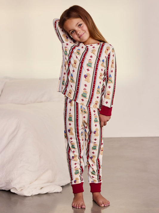 Chelsea Peers Natural Kids Christmas Chip the Cockapoo Stripe Print Long Pyjamas Set - image 1