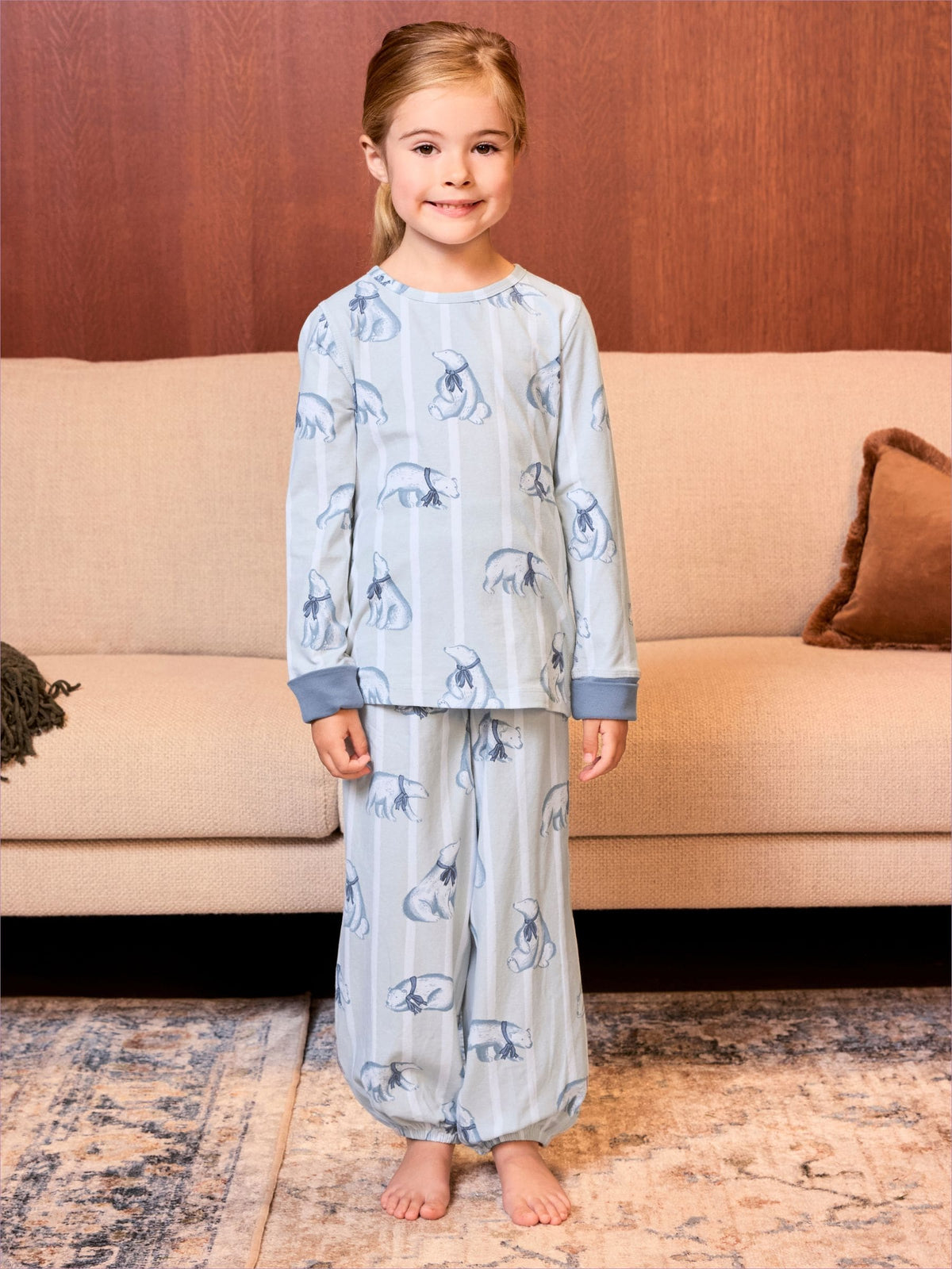 Chelsea Peers White Kids Cotton Polar Bear Stripe Print Long Pyjamas Set - image 1