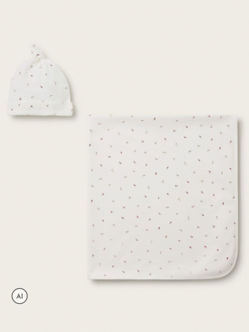 Dsiney Kidz - The White Company Pink Blend Pointelle Ines Floral Blanket & Hat Set image 1