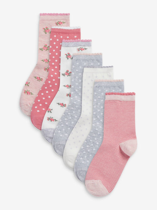 Pink 7 Pack Cotton Rich Pretty Ankle Socks image 1