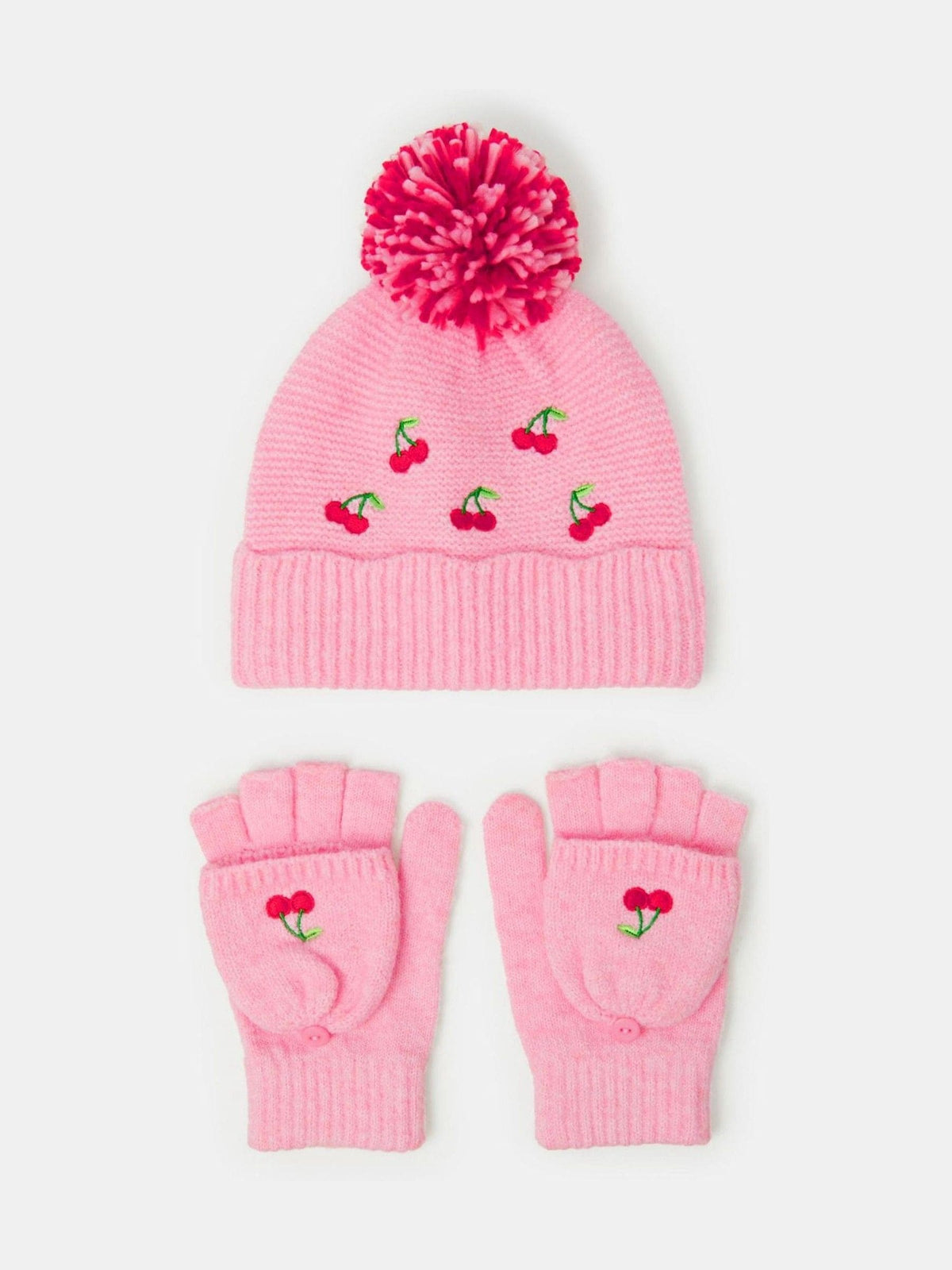 Angels By Accessorize Pink Cherry Bobble Hat & Gloves Set - image 1