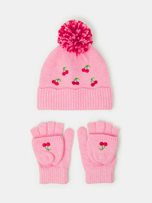 Angels By Accessorize Pink Cherry Bobble Hat & Gloves Set - image 1