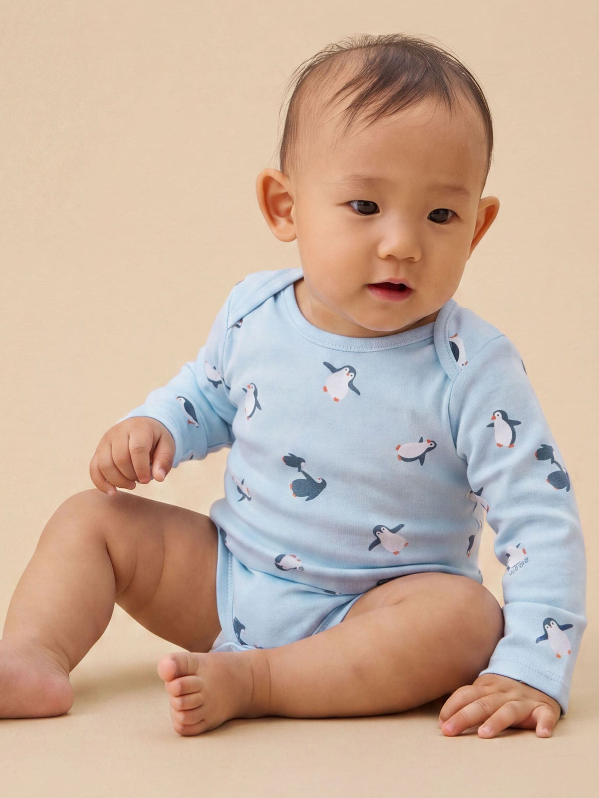 MORI Blue Penguin Print Supersoft Long Sleeve Bodysuit - image 1