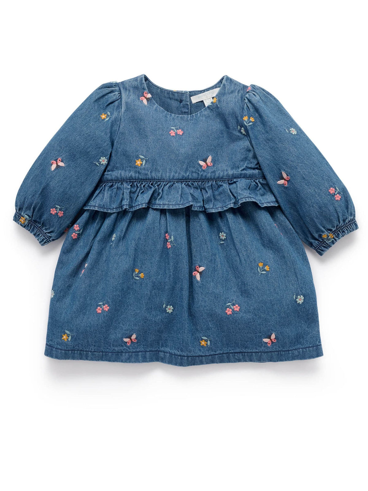 Purebaby Blue Denim Embroidered Ladybird Long Sleeve Dress - image 1