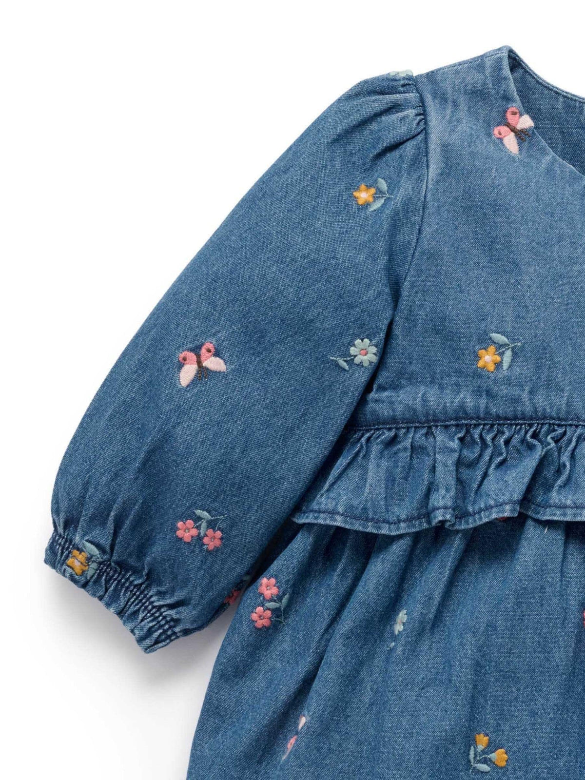 Purebaby Blue Denim Embroidered Ladybird Long Sleeve Dress - image 2