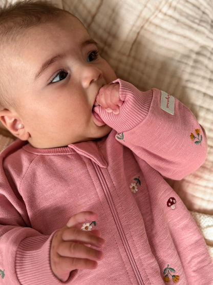 Purebaby Pink Embroidered Floral Fleece Two Way Zip Sleepsuit - image 2
