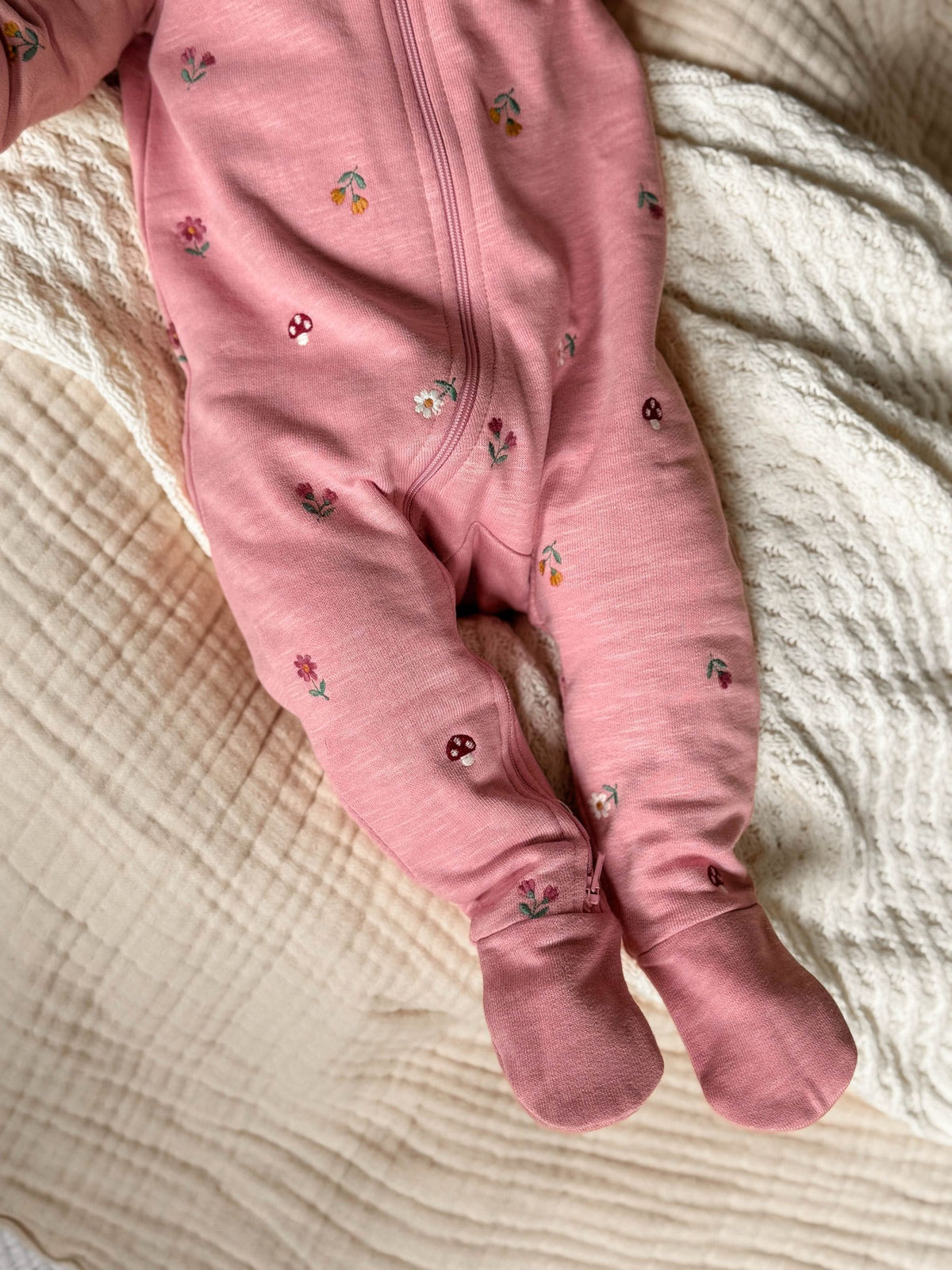 Purebaby Pink Embroidered Floral Fleece Two Way Zip Sleepsuit - image 3