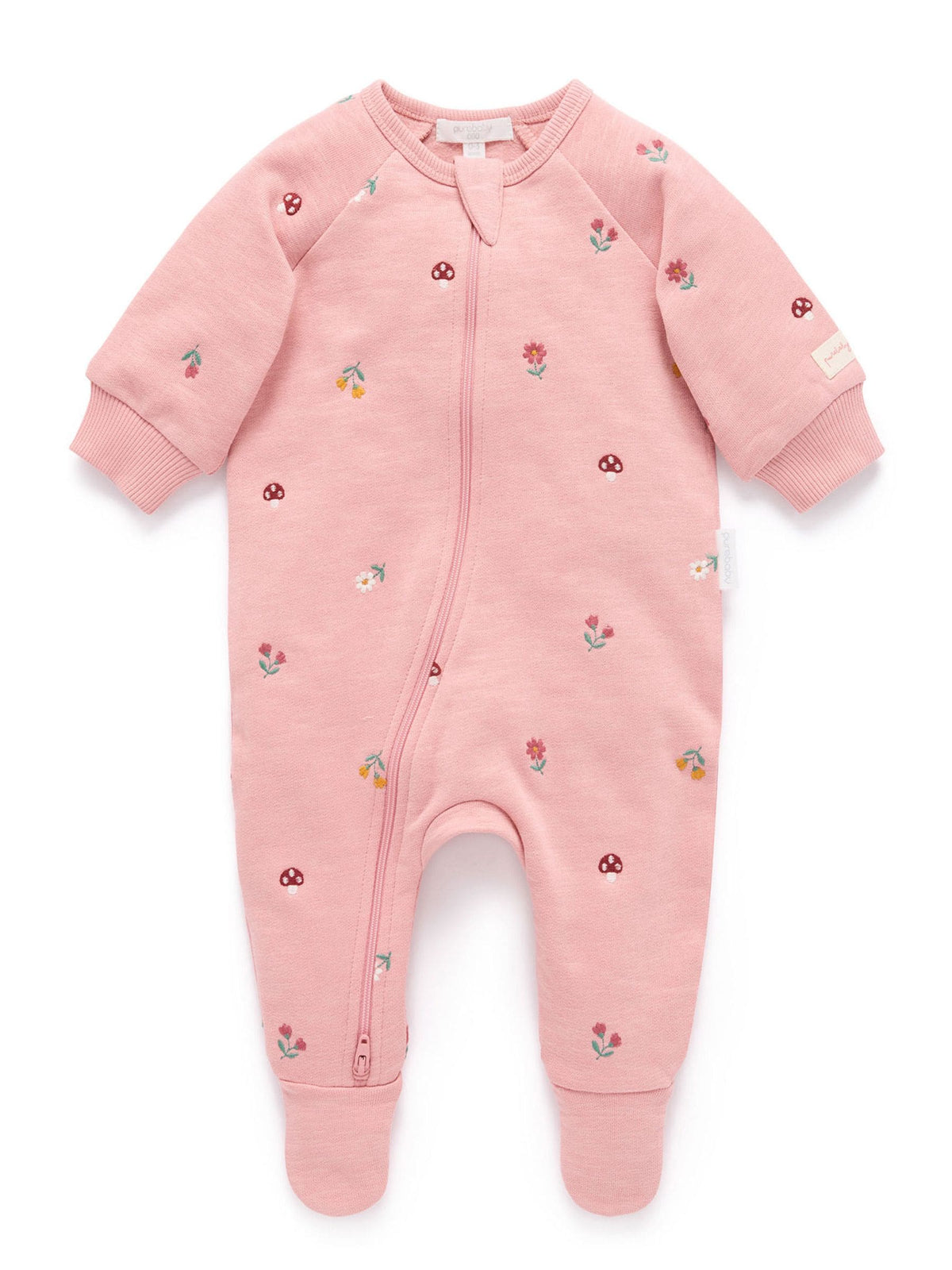 Purebaby Pink Embroidered Floral Fleece Two Way Zip Sleepsuit - image 4