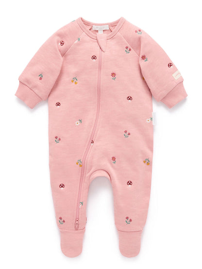 Purebaby Pink Embroidered Floral Fleece Two Way Zip Sleepsuit - image 4