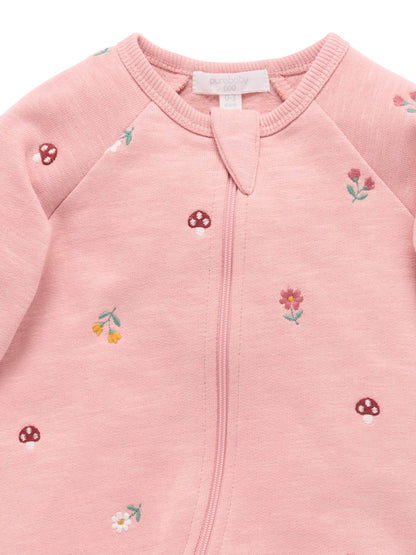 Purebaby Pink Embroidered Floral Fleece Two Way Zip Sleepsuit - image 5