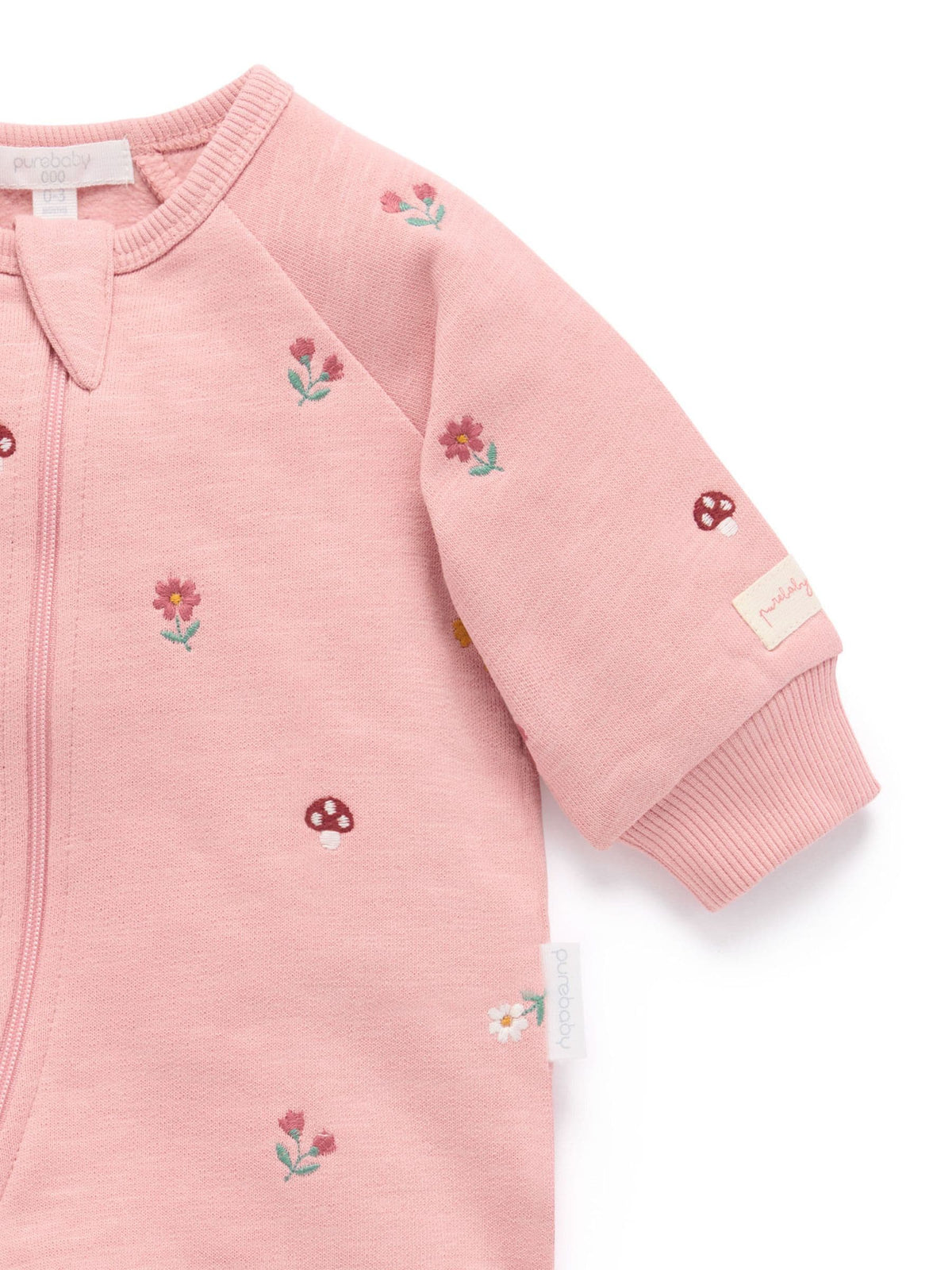Purebaby Pink Embroidered Floral Fleece Two Way Zip Sleepsuit - image 7