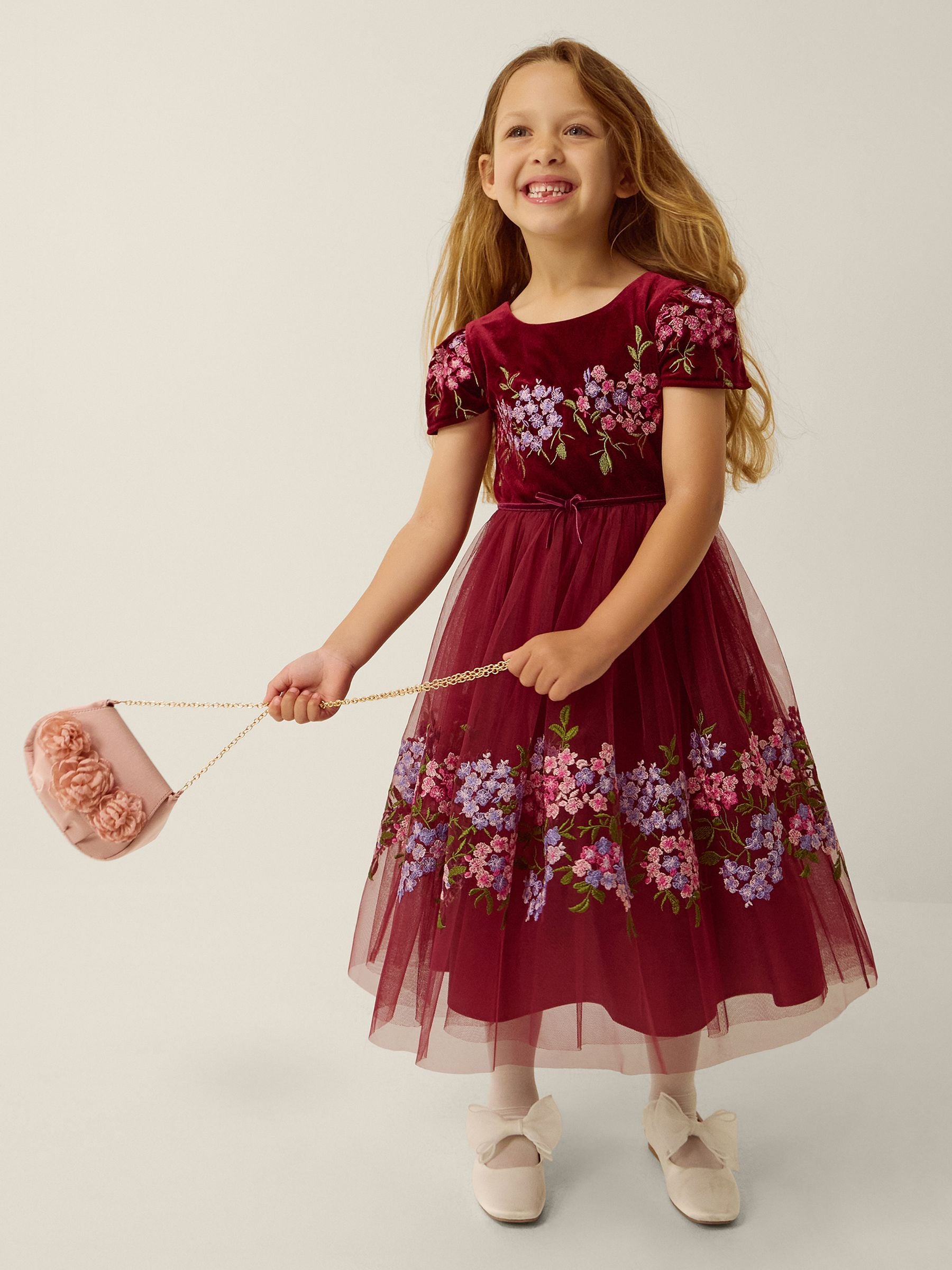 Dsiney Kidz - Monsoon Red Ruby Floral Embroidered Velvet Party Dress image 1