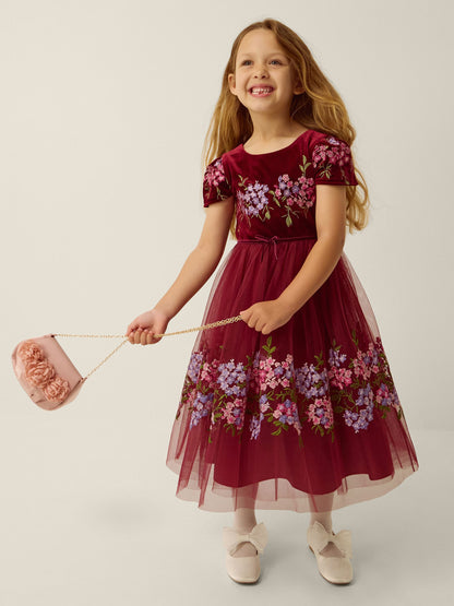 Dsiney Kidz - Monsoon Red Ruby Floral Embroidered Velvet Party Dress image 1