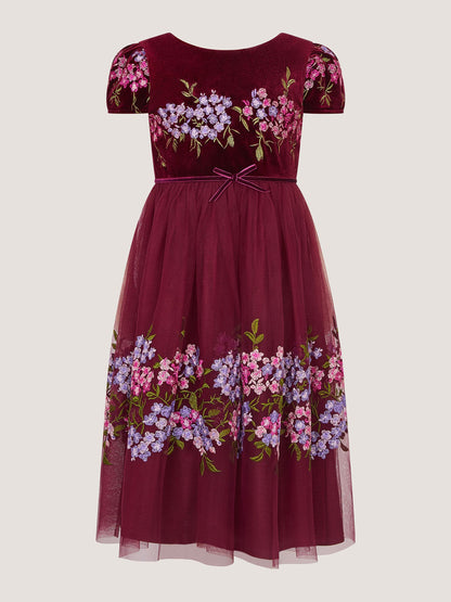 Dsiney Kidz - Monsoon Red Ruby Floral Embroidered Velvet Party Dress image 2