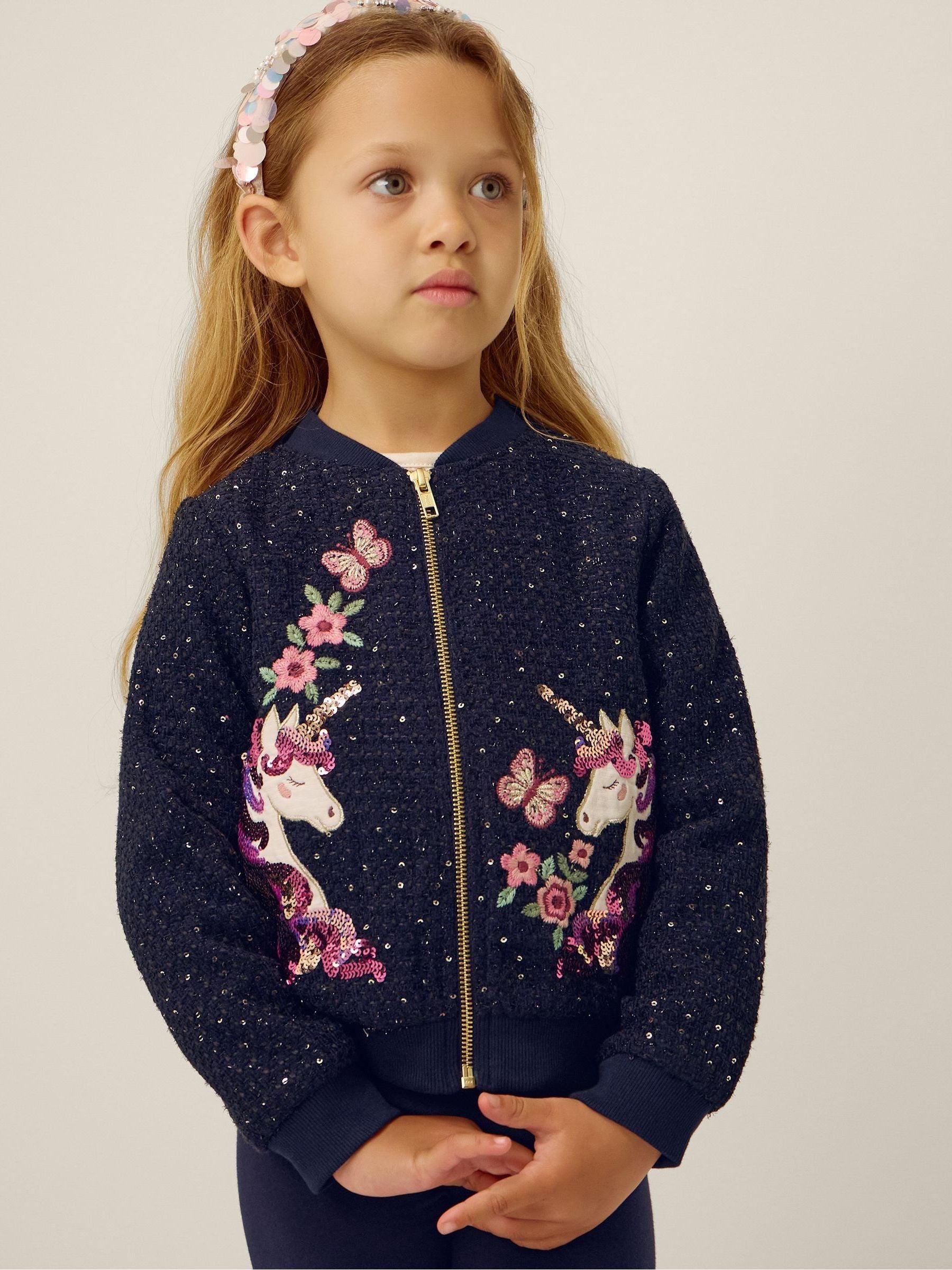 Dsiney Kidz - Monsoon Blue Sequin Unicorn Woven Bomber Jacket image 1