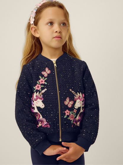 Dsiney Kidz - Monsoon Blue Sequin Unicorn Woven Bomber Jacket image 1
