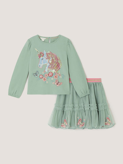 Dsiney Kidz - Monsoon Green Sequin Unicorn Top & Skirts Set image 1