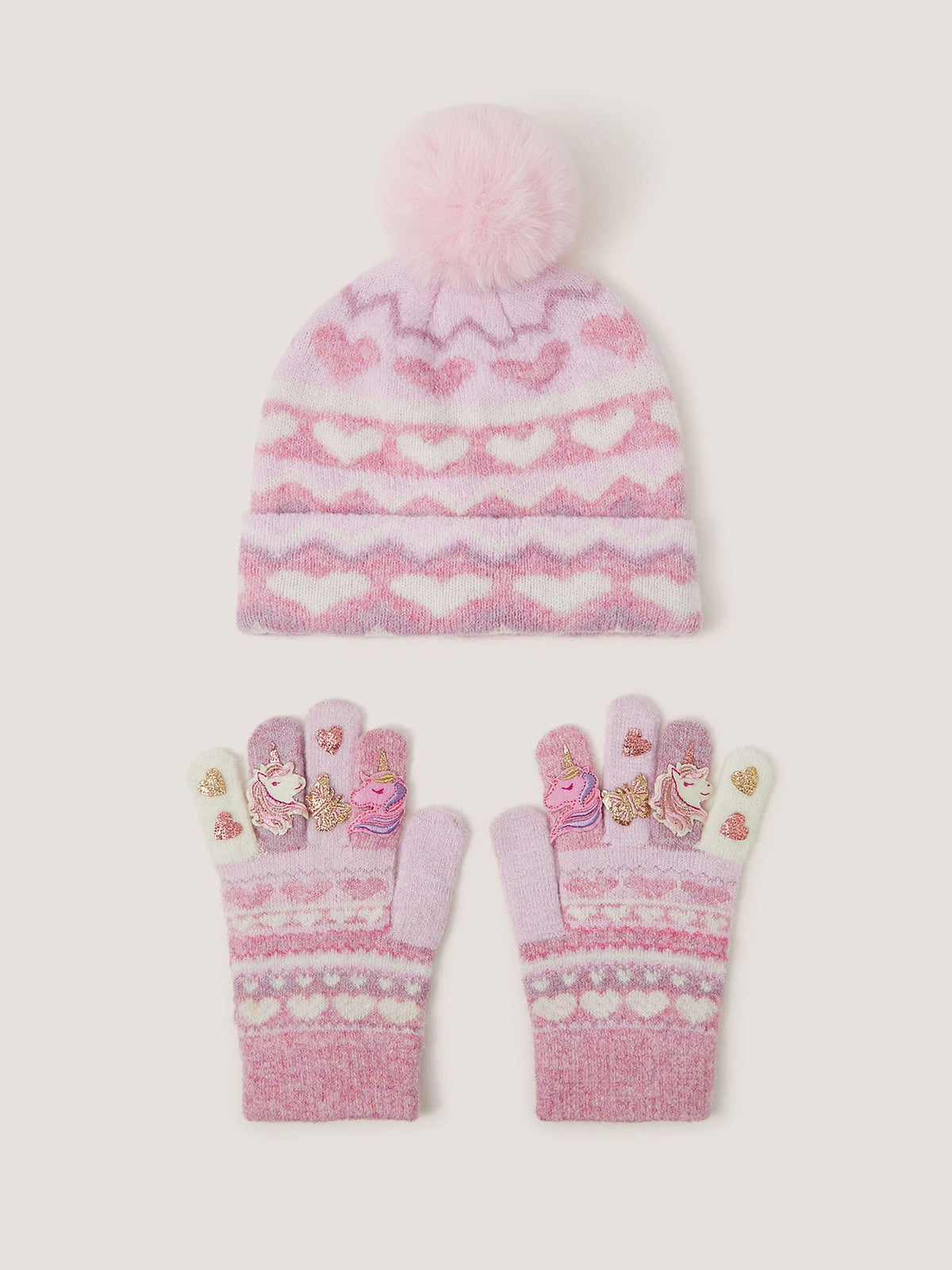 Monsoon Pink Unicorn Bobble Hat & Gloves Set - image 1