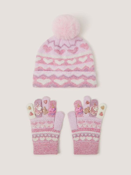 Monsoon Pink Unicorn Bobble Hat & Gloves Set - image 1