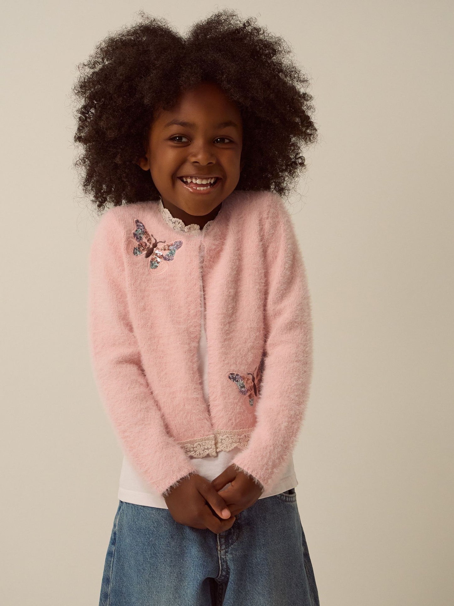 Dsiney Kidz - Monsoon Pink Sequin Butterfly Fluffy Cardigan image 1