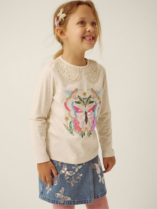 Dsiney Kidz - Monsoon Cream Sequin Butterfly Long Sleeve Top image 1