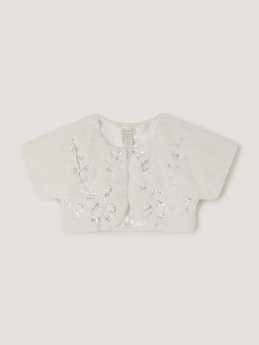 Dsiney Kidz - Monsoon Cream Ellie Embellished Faux Fur Cardigan image 2