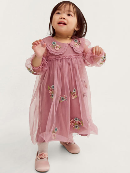 Dsiney Kidz - Monsoon Pink Baby Floral Embroidered Mesh Dress image 1