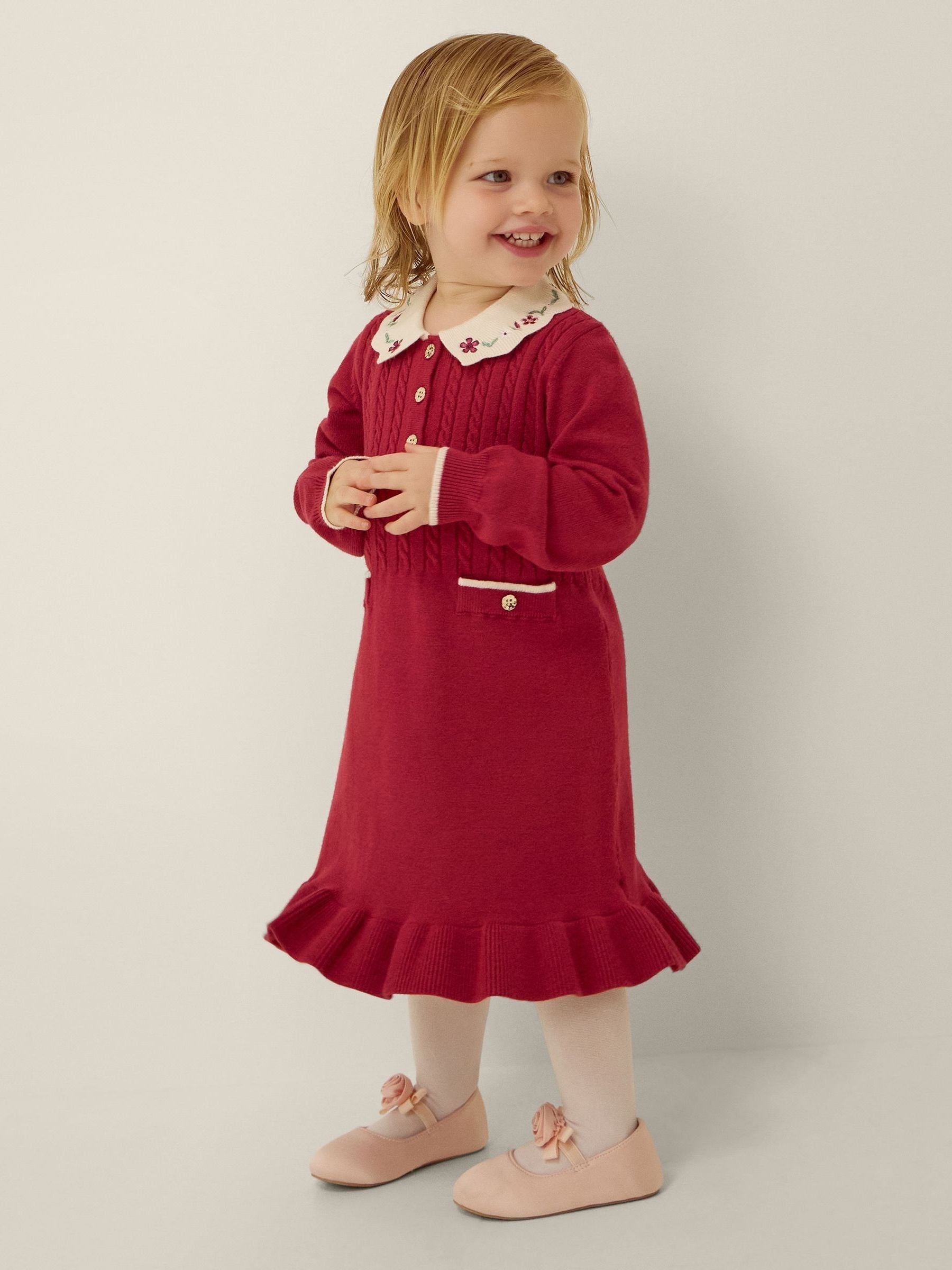 Dsiney Kidz - Monsoon Red Baby Embroidered Cable Knit Dress image 1