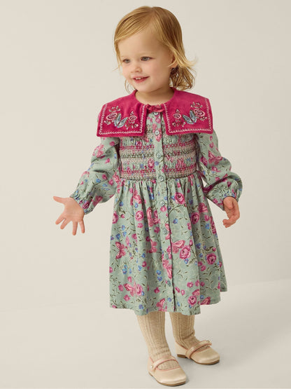 Dsiney Kidz - Monsoon Green Baby Floral Print Velvet Collar Dress image 1