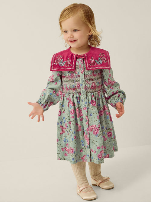 Dsiney Kidz - Monsoon Green Baby Floral Print Velvet Collar Dress image 1