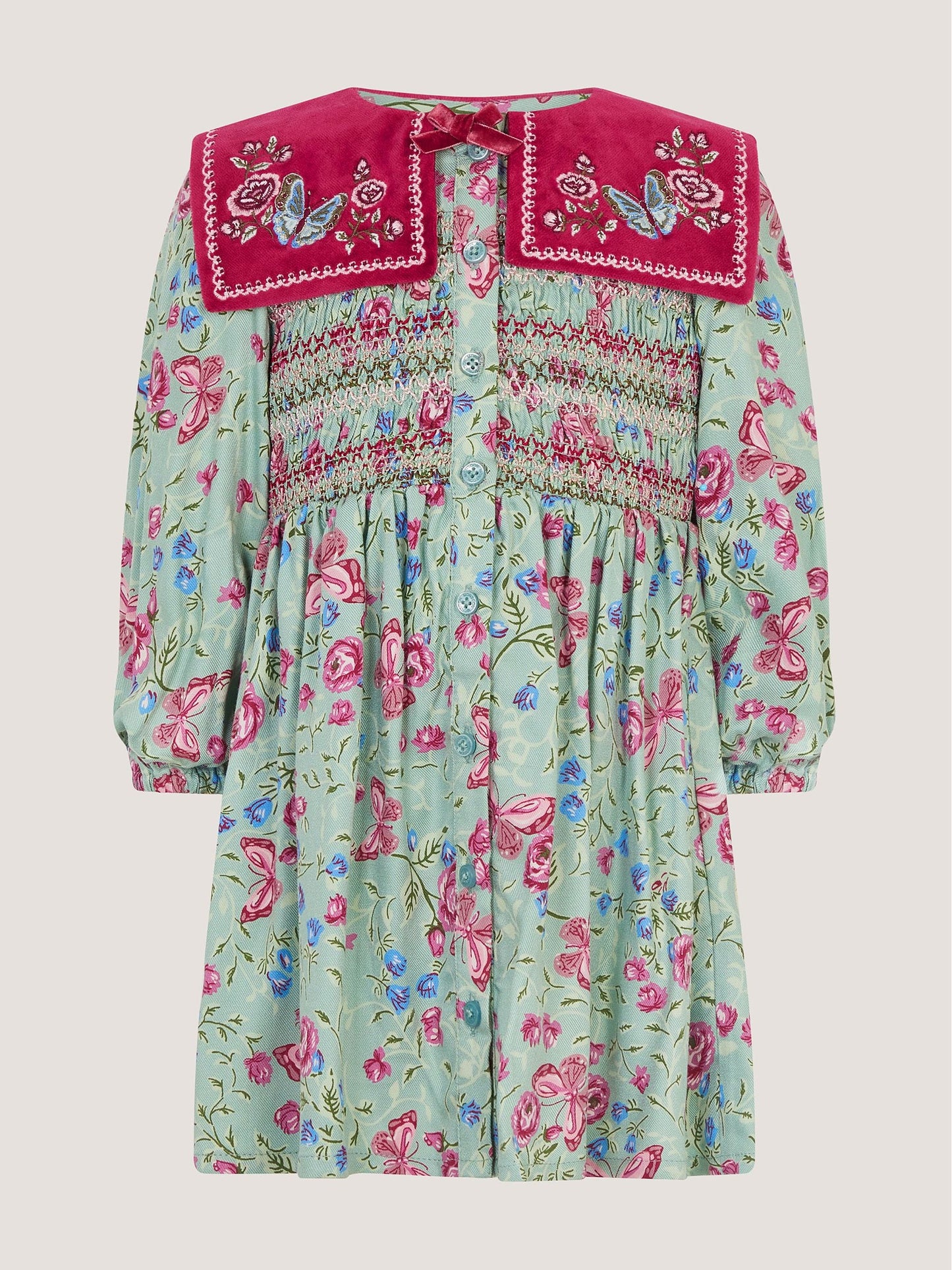 Dsiney Kidz - Monsoon Green Baby Floral Print Velvet Collar Dress image 2
