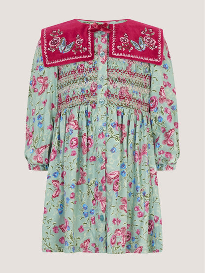 Dsiney Kidz - Monsoon Green Baby Floral Print Velvet Collar Dress image 2