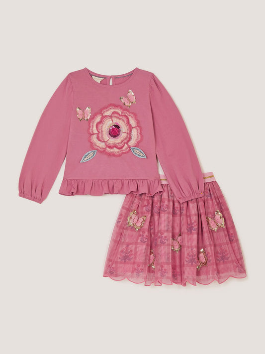Dsiney Kidz - Monsoon Pink Sequin Butterfly Long Sleeve Top & Disco Skirt Set image 2