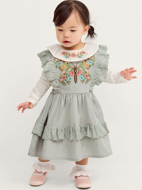 Dsiney Kidz - Monsoon Green Baby Butterfly Embroidered Pinafore Dress & Top Set image 1