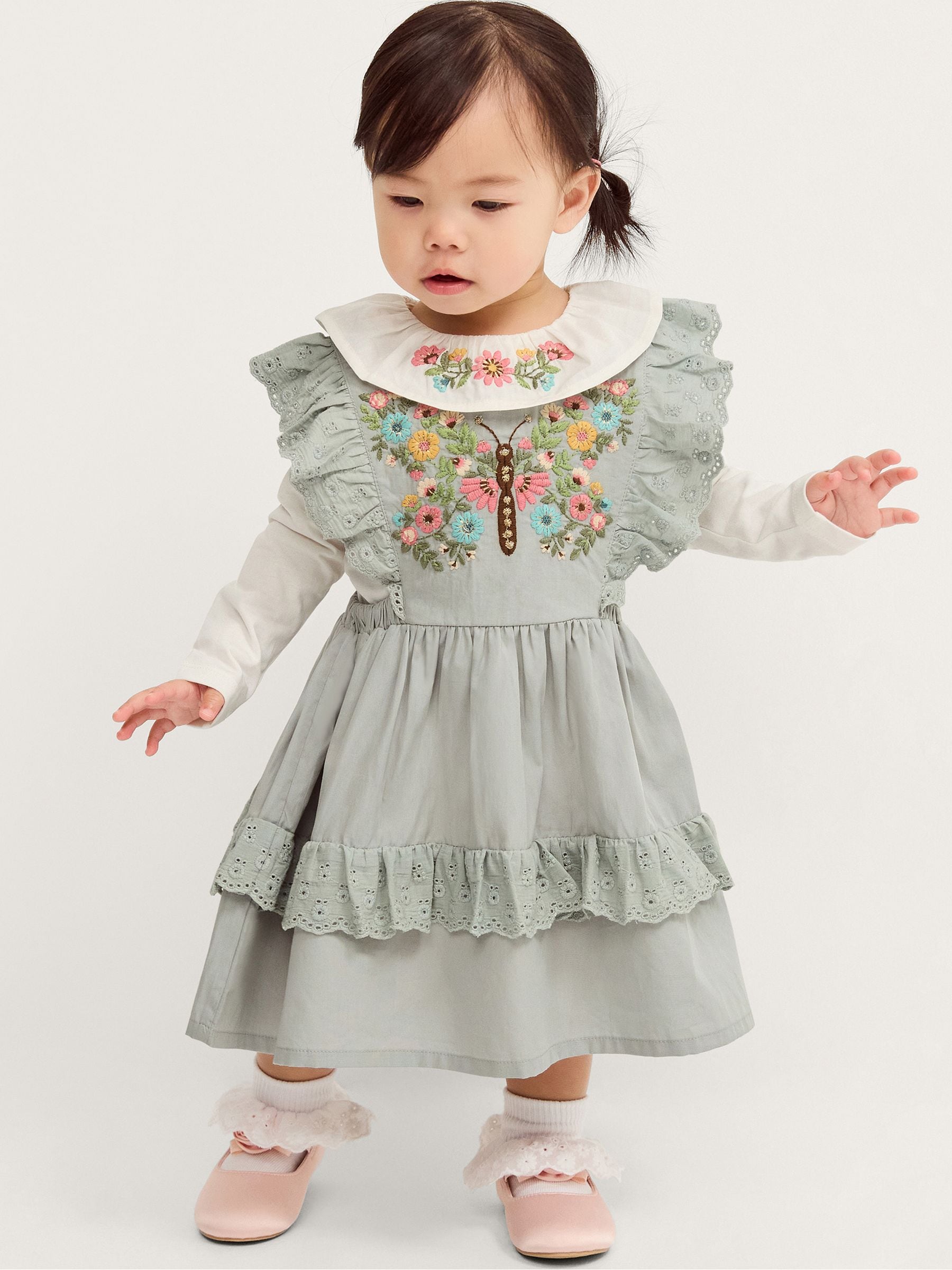 Dsiney Kidz - Monsoon Green Baby Butterfly Embroidered Pinafore Dress & Top Set image 1