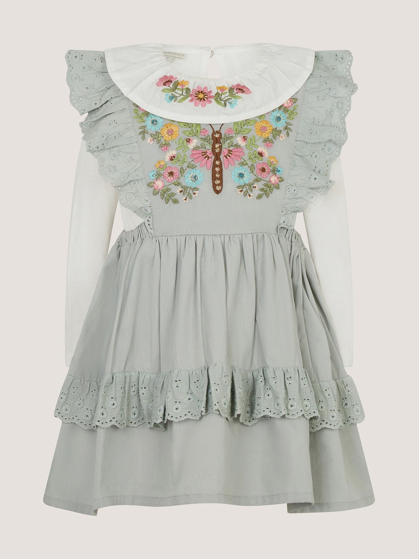 Dsiney Kidz - Monsoon Green Baby Butterfly Embroidered Pinafore Dress & Top Set image 2